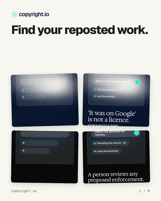 Carousel for copyright.io: "Find your reposted work.". Collection carousel, 8 slides, light palette.