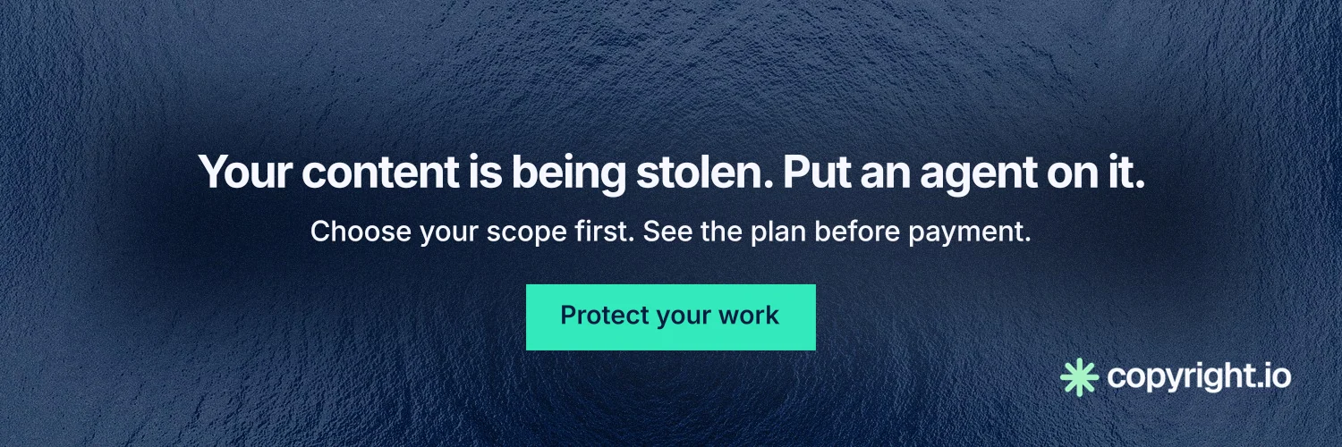 X header for copyright.io: "Your content is being stolen. Put an agent on it." Swiss style, centred layout, dark palette in blue, teal.