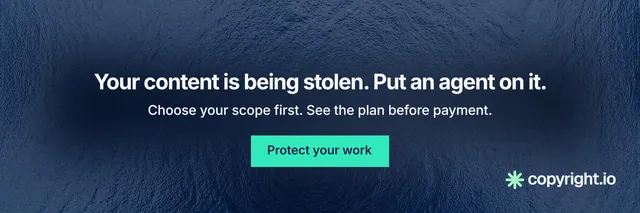 X header for copyright.io: "Your content is being stolen. Put an agent on it." Swiss style, centred layout, dark palette in blue, teal.