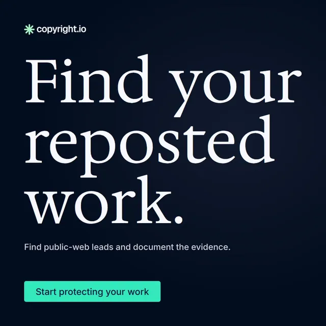 Video for copyright.io: "Find your reposted work.". Doc motion loop, 6.0 s, dark palette.