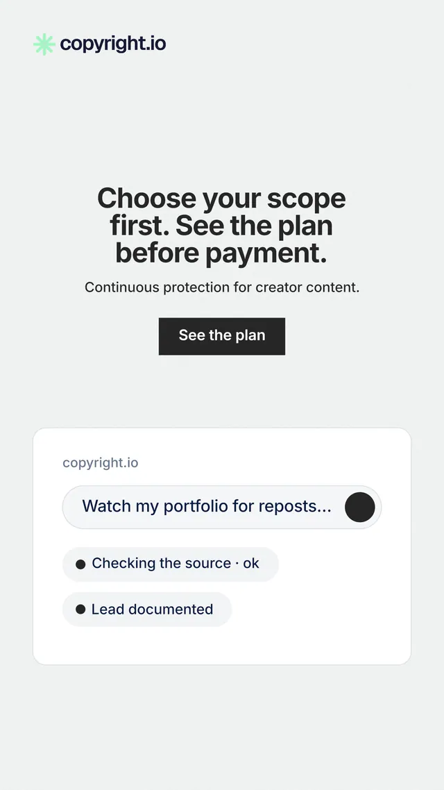Instagram story for copyright.io: "Choose your scope first. See the plan before payment." Swiss style, centred layout, light palette in white.