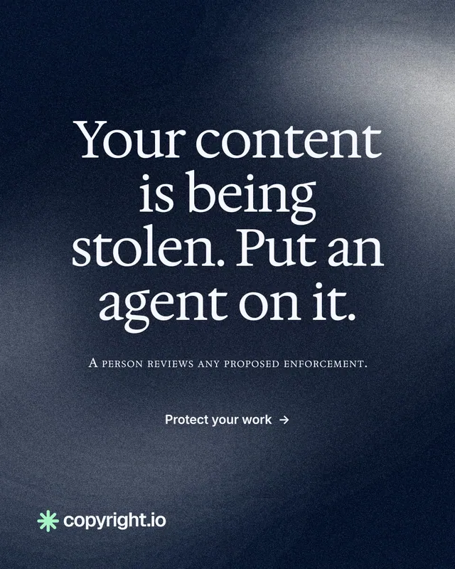 Instagram portrait post for copyright.io: "Your content is being stolen. Put an agent on it." Cyanotype style, smallcaps layout, dark palette in black, blue, grey.