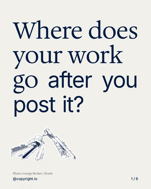 Carousel for copyright.io: "Where does your work go after you post it?". Cutout essay, 6 slides, light palette.