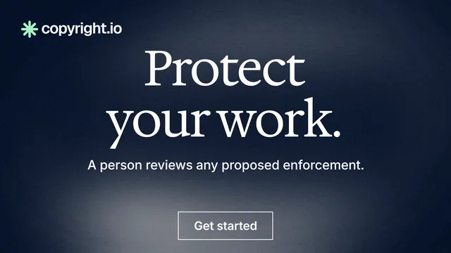 Landscape graphic for copyright.io: "Protect your work." Cyanotype style, centred layout, dark palette in blue, grey, black.
