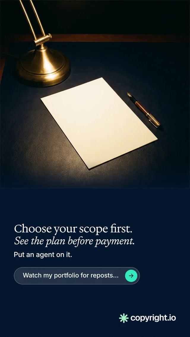 Instagram story for copyright.io: "Choose your scope first. See the plan before payment." Agentic glass style, bottom layout, dark palette in black, blue, grey.