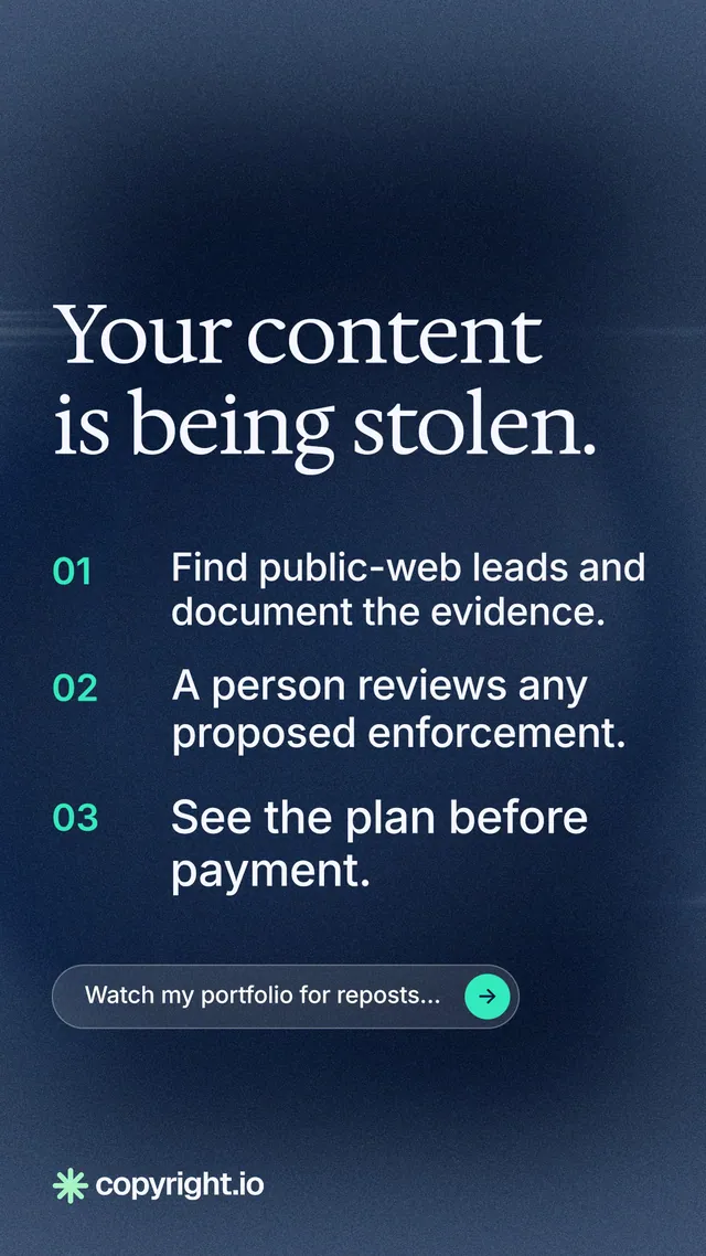 Instagram story for copyright.io: "Your content is being stolen." Agentic glass style, numbered layout, dark palette in blue.