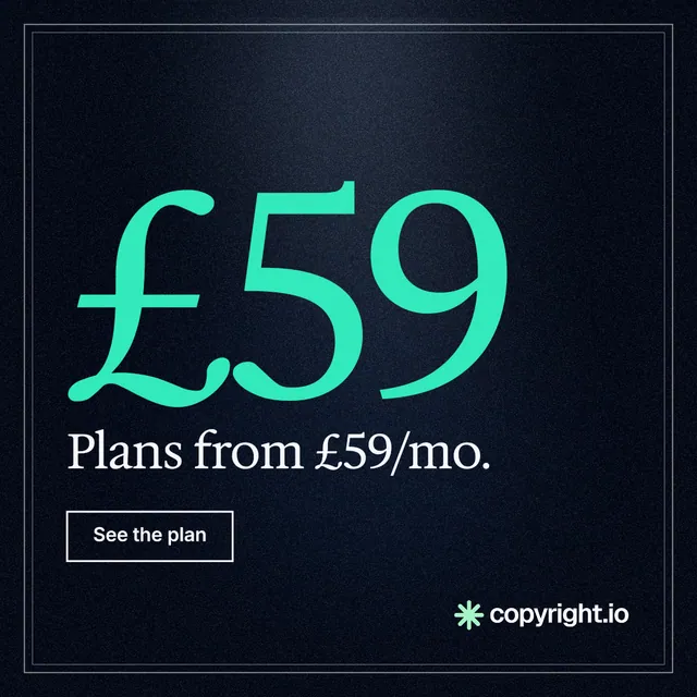 Instagram post for copyright.io: "See the plan before payment." Dark deco style, stat layout, dark palette in black, teal.