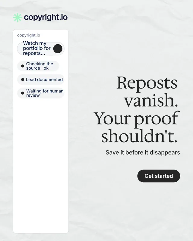 Instagram portrait post for copyright.io: "Reposts vanish. Your proof shouldn't." Data card style, right layout, light palette in white, grey.