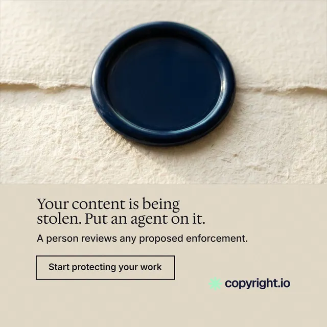 Instagram post for copyright.io: "Your content is being stolen. Put an agent on it." Editorial style, bottom layout, light palette in orange, yellow, grey.