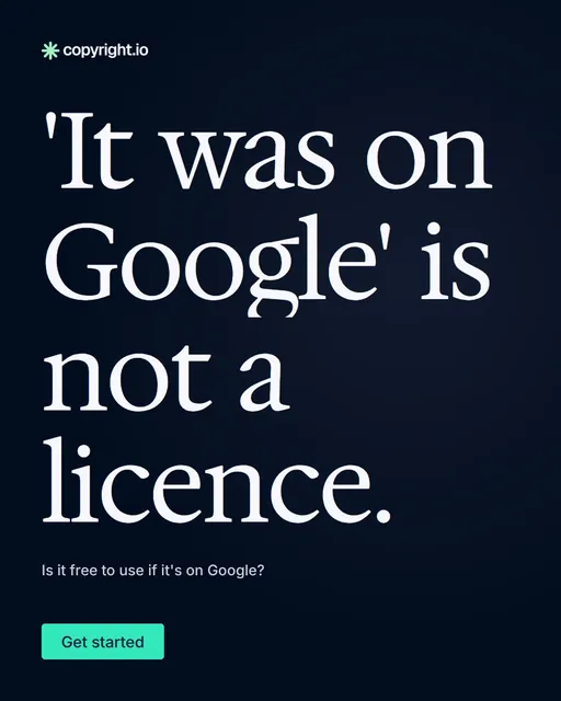 Video for copyright.io: "'It was on Google' is not a licence.". Doc motion loop, 8.0 s, dark palette.
