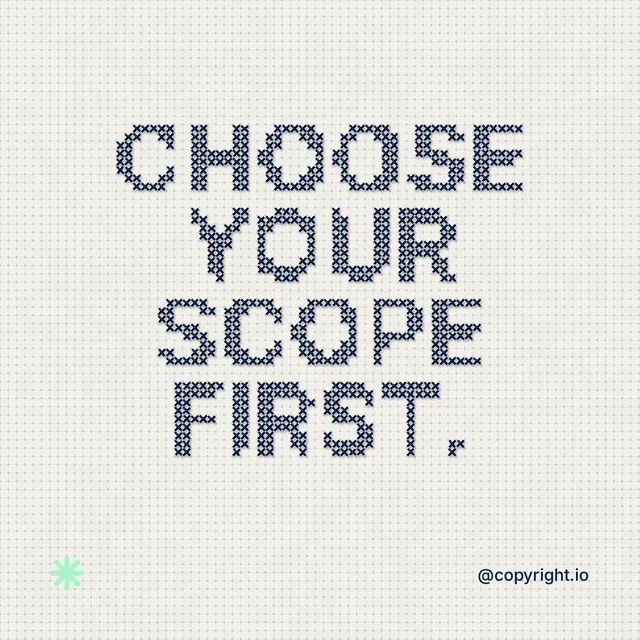 Instagram post for copyright.io: "Choose your scope first." Stitch style, technique:raster type fx layout, light palette in white, grey.