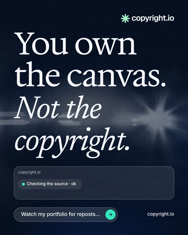 Instagram portrait post for copyright.io: "You own the canvas. Not the copyright." Thermal style, poster layout, dark palette in blue, black, grey.