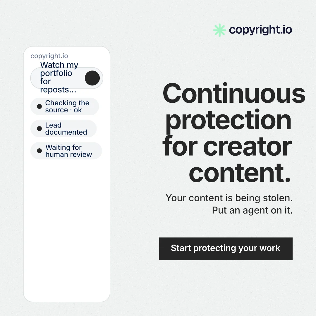 Instagram post for copyright.io: "Continuous protection for creator content." Swiss style, right layout, light palette in white, grey, green.