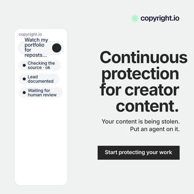 Instagram post for copyright.io: "Continuous protection for creator content." Swiss style, right layout, light palette in white, grey, green.