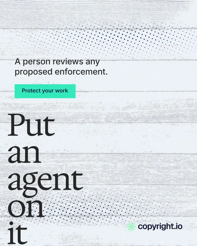 Instagram portrait post for copyright.io: "Put an agent on it." Swiss style, oversized layout, light palette in white, teal, grey.