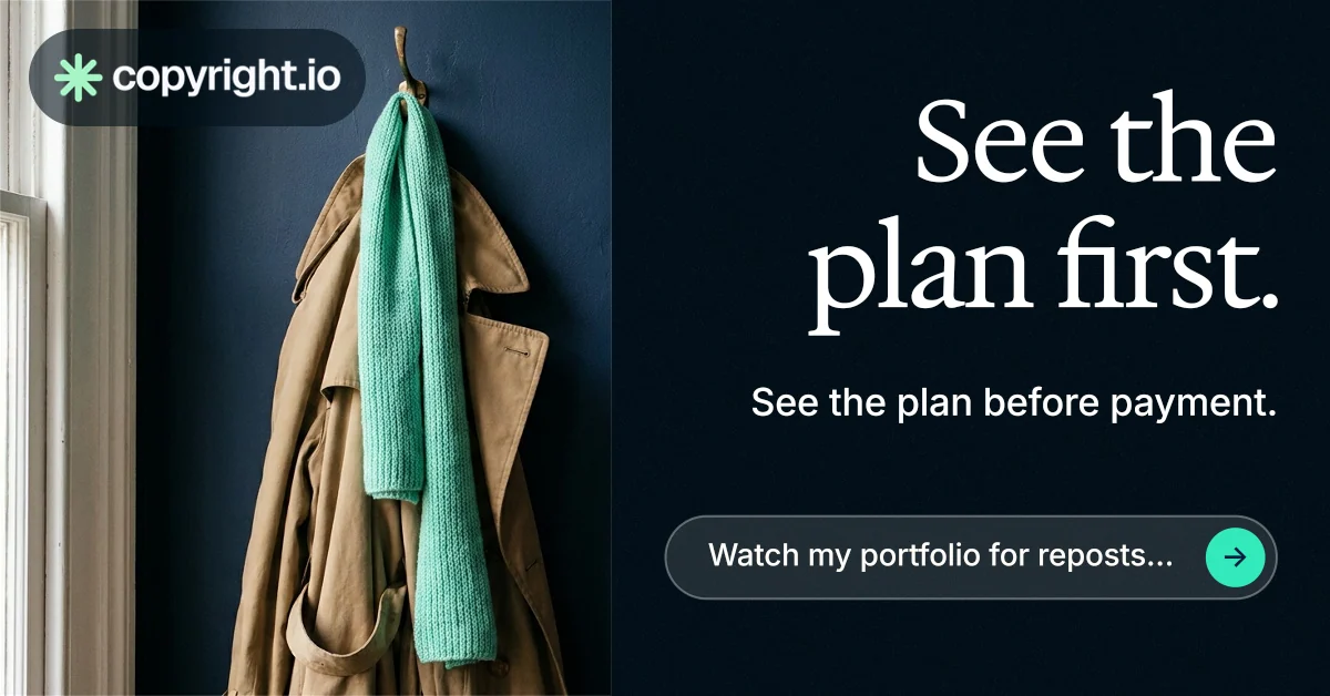 Social ad for copyright.io: "See the plan first." Agentic glass style, right layout, dark palette in black, grey.