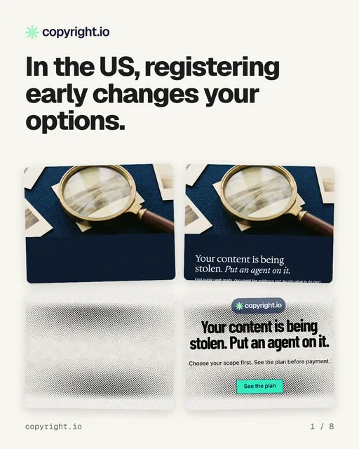 Carousel for copyright.io: "In the US, registering early changes your options.". Collection carousel, 8 slides, light palette.