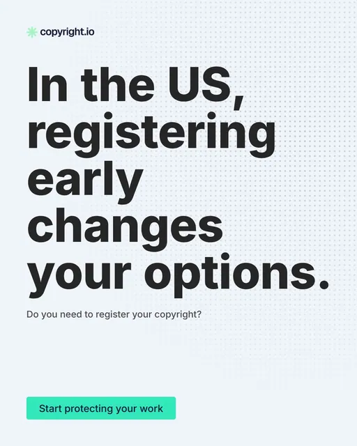 Video for copyright.io: "In the US, registering early changes your options.". Doc motion loop, 6.0 s, light palette.