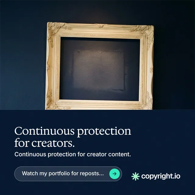 Instagram post for copyright.io: "Continuous protection for creators." Agentic glass style, bottom layout, dark palette in black, blue, grey.