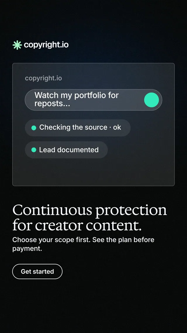 Instagram story for copyright.io: "Continuous protection for creator content." Phosphor atlas style, bottom layout, dark palette in black, grey.