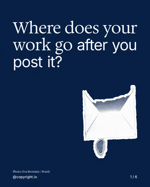 Carousel for copyright.io: "Where does your work go after you post it?". Cutout essay, 6 slides, dark palette.