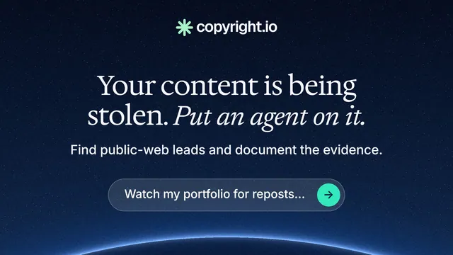 Landscape graphic for copyright.io: "Your content is being stolen. Put an agent on it." Agentic glass style, centred layout, dark palette in blue, black.