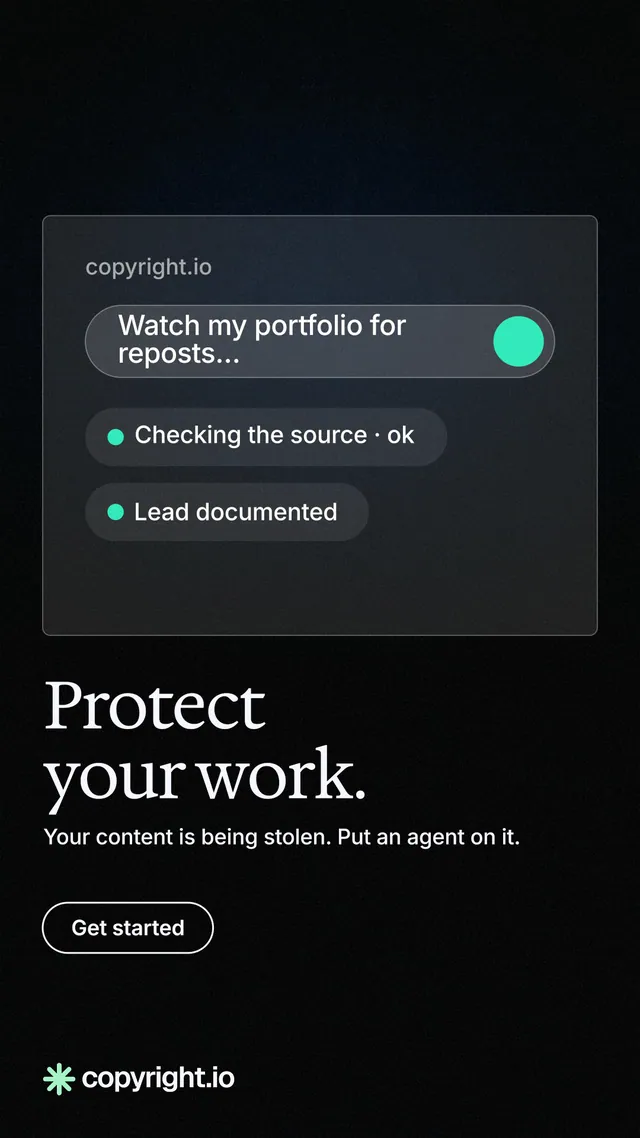 Instagram story for copyright.io: "Protect your work." Phosphor atlas style, bottom layout, dark palette in black.