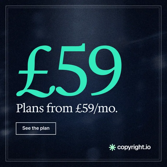 Instagram post for copyright.io: "Your content is being stolen. Put an agent on it." Dark deco style, stat layout, dark palette in blue, black, teal.