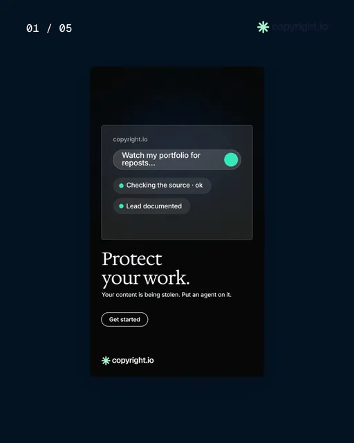 Video for copyright.io. Ad flipbook, 7.5 s, dark palette.