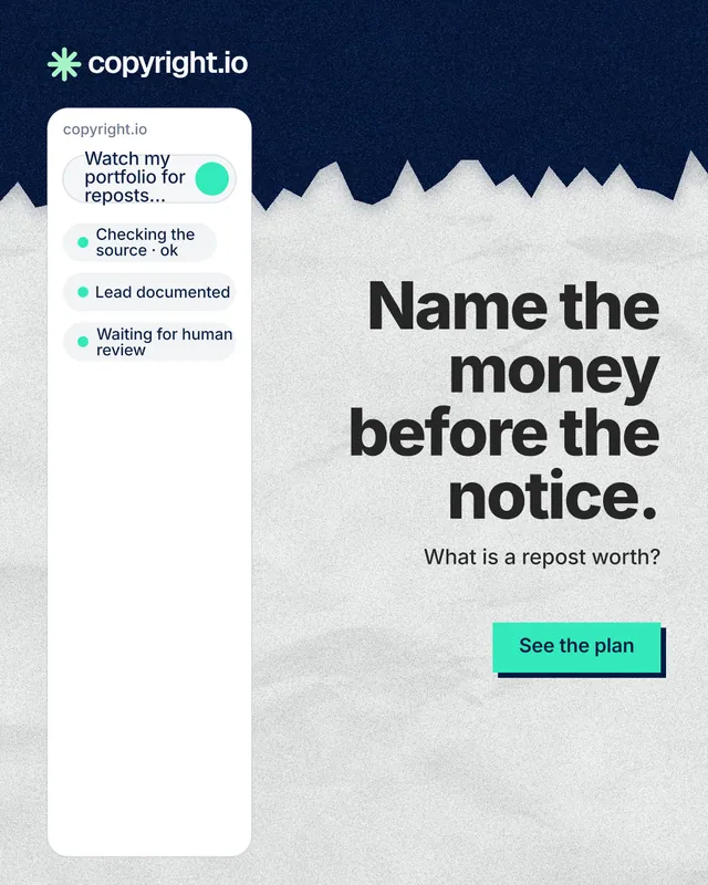 Instagram portrait post for copyright.io: "Name the money before the notice." Paper trio style, right layout, light palette in white, blue.