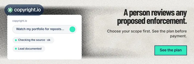 X header for copyright.io: "A person reviews any proposed enforcement." Ink sticker style, right layout, light palette in white, grey.