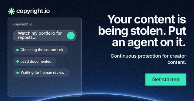 Social ad for copyright.io: "Your content is being stolen. Put an agent on it." Swiss style, right layout, dark palette in blue, black, teal.