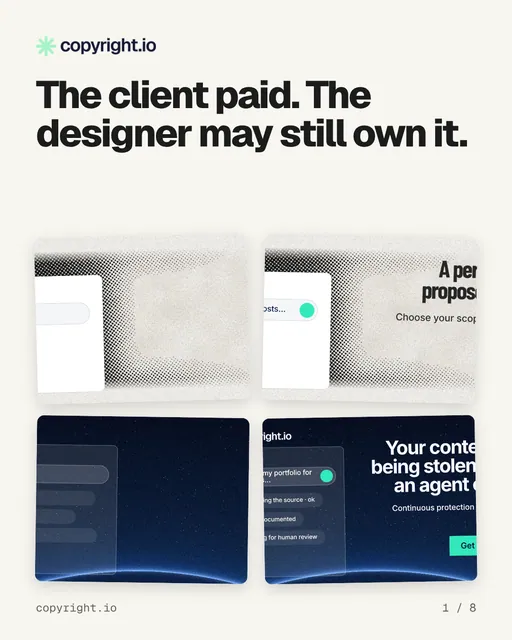 Carousel for copyright.io: "The client paid. The designer may still own it.". Collection carousel, 8 slides, light palette.