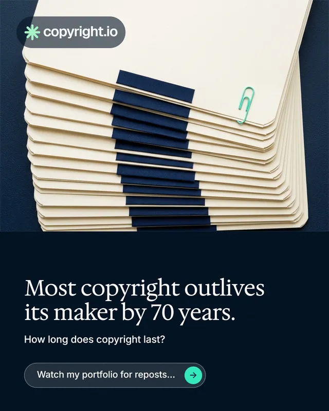 Instagram portrait post for copyright.io: "Most copyright outlives its maker by 70 years." Agentic glass style, bottom layout, dark palette in yellow, black, blue.