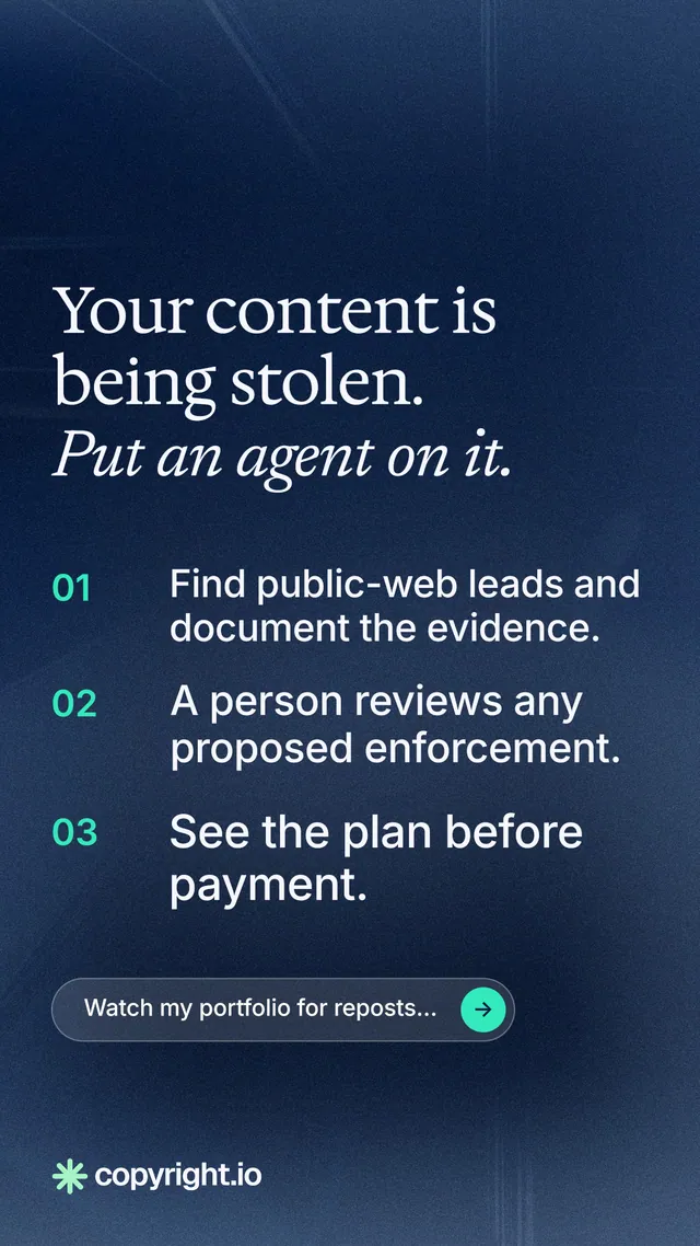 Instagram story for copyright.io: "Your content is being stolen. Put an agent on it." Agentic glass style, numbered layout, dark palette in blue.