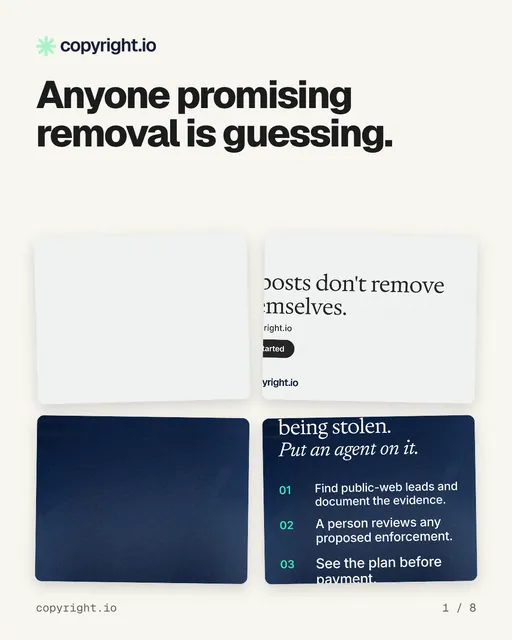 Carousel for copyright.io: "Anyone promising removal is guessing.". Collection carousel, 8 slides, light palette.