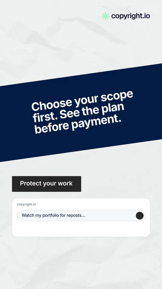 Instagram story for copyright.io: "Choose your scope first. See the plan before payment." Swiss style, diagonal layout, light palette in white, blue.