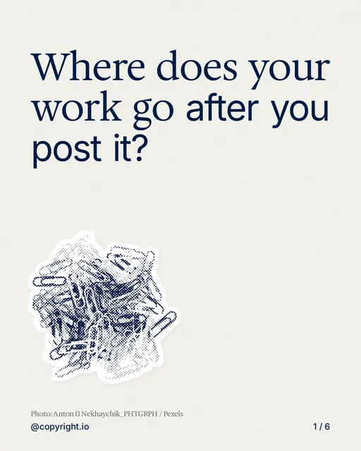 Carousel for copyright.io: "Where does your work go after you post it?". Cutout essay, 6 slides, light palette.