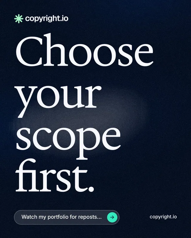 Instagram portrait post for copyright.io: "Choose your scope first." Thermal style, poster layout, dark palette in black, blue, grey.