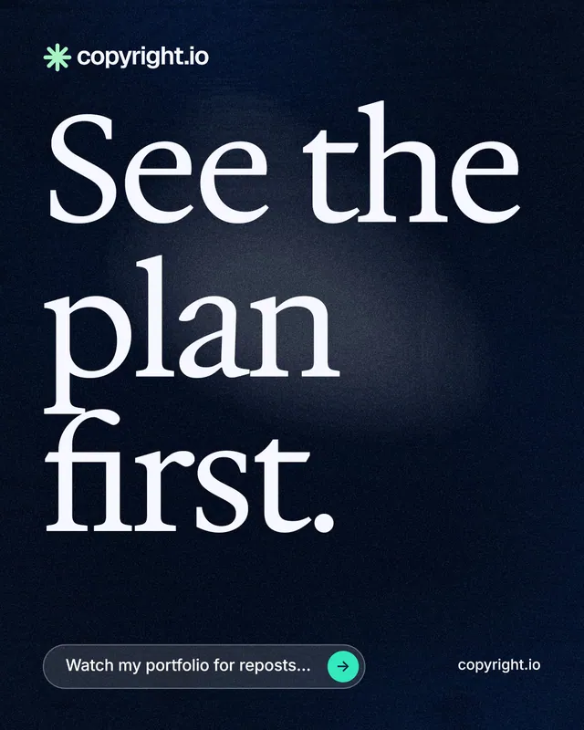 Instagram portrait post for copyright.io: "See the plan first." Thermal style, poster layout, dark palette in black, grey.