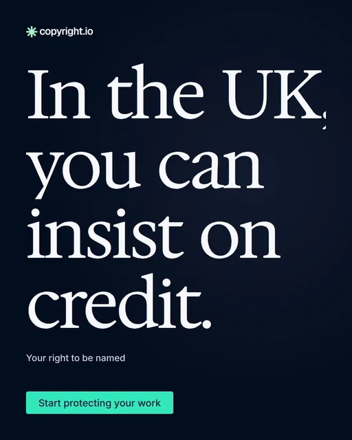 Video for copyright.io: "In the UK, you can insist on credit.". Doc motion loop, 8.0 s, dark palette.
