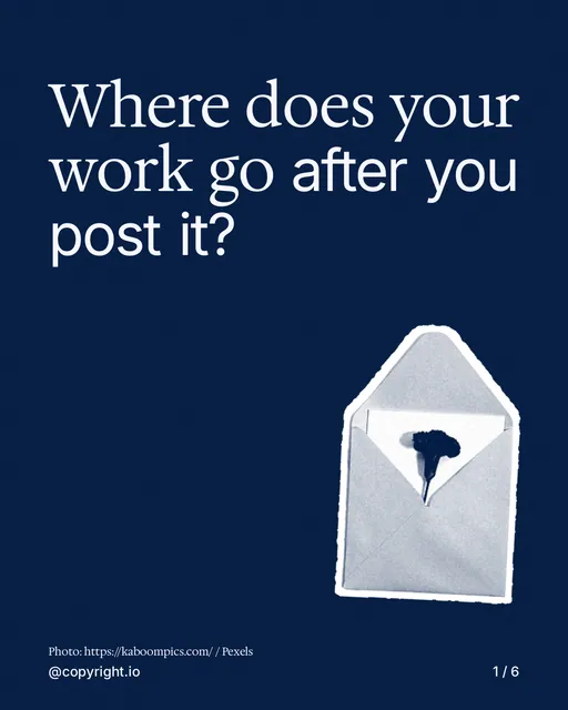 Carousel for copyright.io: "Where does your work go after you post it?". Cutout essay, 6 slides, dark palette.