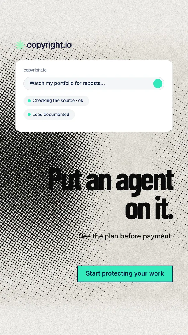 Instagram story for copyright.io: "Put an agent on it." Ink sticker style, right layout, light palette in white, grey.