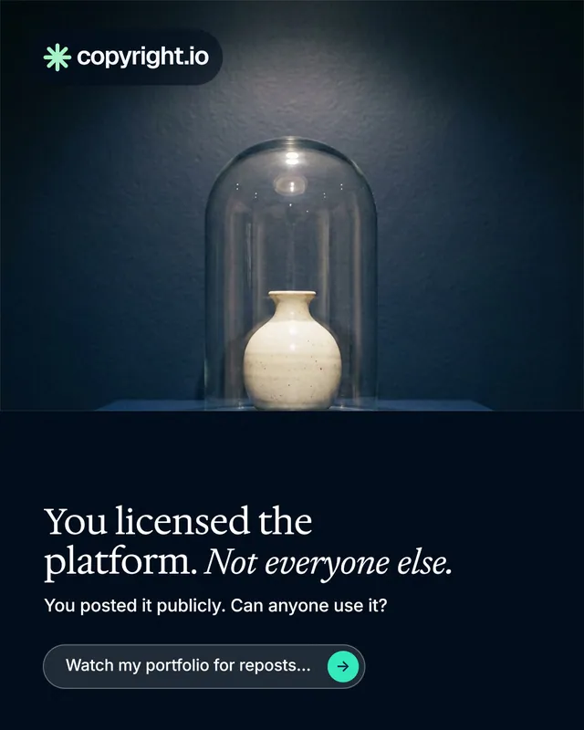 Instagram portrait post for copyright.io: "You licensed the platform. Not everyone else." Agentic glass style, bottom layout, dark palette in blue, black, grey.