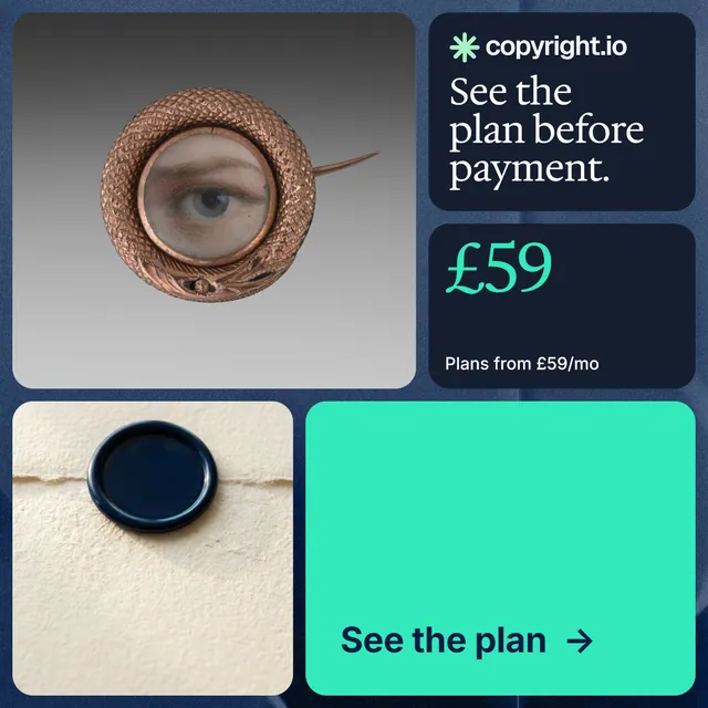 Instagram post for copyright.io: "See the plan before payment." Agentic glass style, bento layout, light palette in grey, teal, blue.