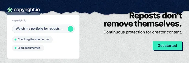 X header for copyright.io: "Reposts don't remove themselves." Paper trio style, right layout, light palette in teal, blue, white.