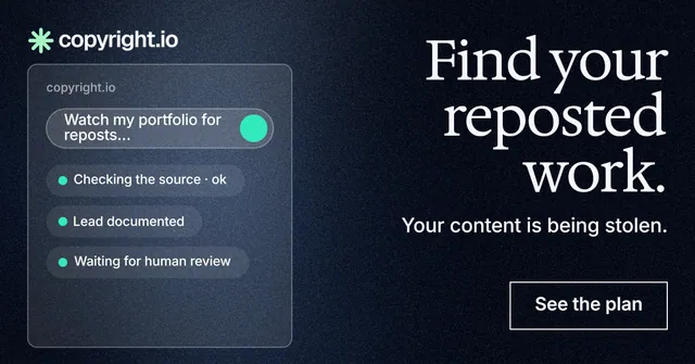 Social ad for copyright.io: "Find your reposted work." Dark deco style, right layout, dark palette in blue, black, grey.