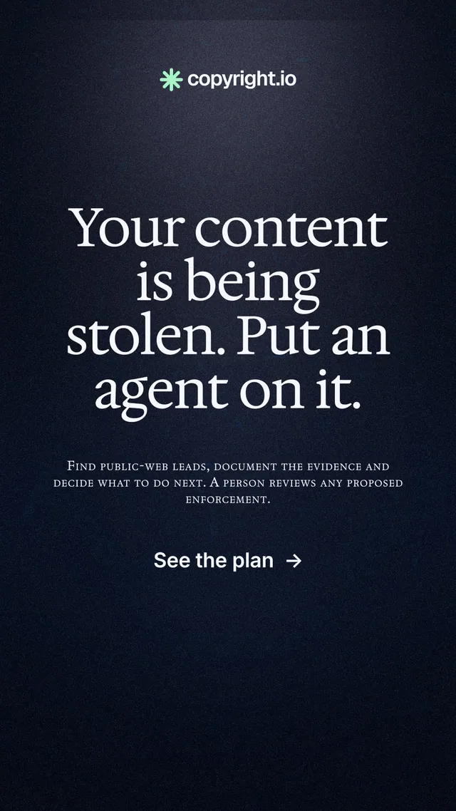 Instagram story for copyright.io: "Your content is being stolen. Put an agent on it." Dark deco style, smallcaps layout, dark palette in blue, black, grey.