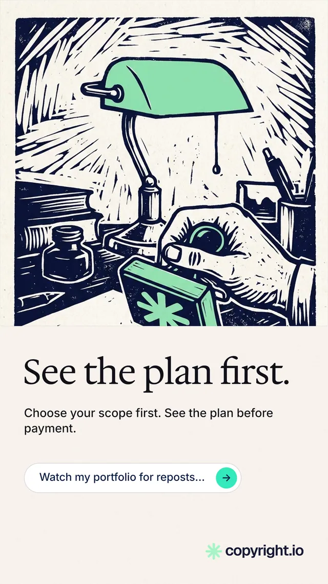 Instagram story for copyright.io: "See the plan first." Agentic glass style, bottom layout, light palette in white, grey.