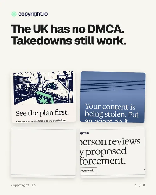 Carousel for copyright.io: "The UK has no DMCA. Takedowns still work.". Collection carousel, 8 slides, light palette.